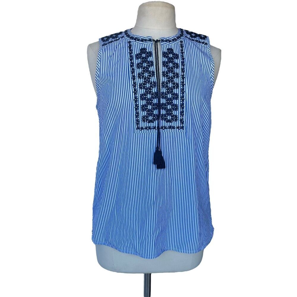 J. Crew Tank Top Size 6 Blue Embroidered Striped Tassles Striped Poplin Blouse